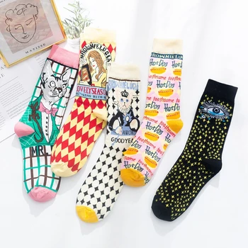 Nove čarape unisex, berba pamučne ženske čarape do sredine bedra u stilu харадзюку slatka mačka, Ins, književnu ilustracija, впитывающие znoj muške čarape